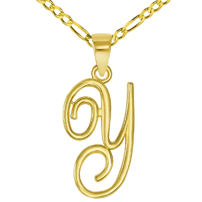 women chic necklaces -14k Yellow Gold Elegant Script Letter Y Cursive Initial Pendant with Figaro Chain Necklace