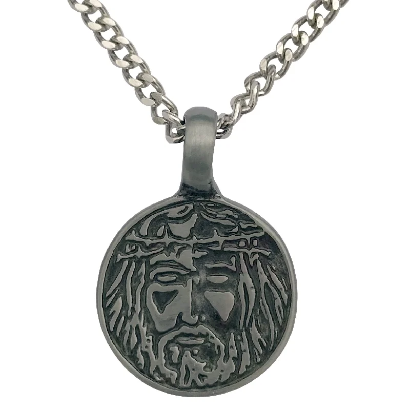 women rose gold necklaces -Pewter Jesus Christ Face Pendant with Extra Large Bail, on Men's Heavy Curb Chain Necklace, 24"