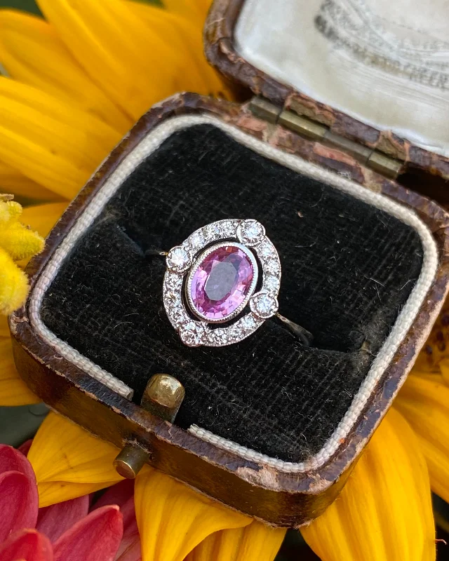 women custom wedding bands -Art Deco Pink Sapphire and Diamond Cluster Ring Platinum 0.35ct + 1.10ct