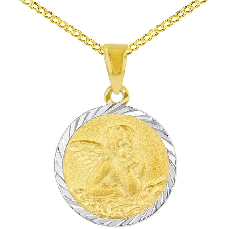 women custom engraved gold necklaces -14k Yellow Gold Round Baptism Charm Guardian Angel Textured Medallion Pendant Cuban Chain Necklace