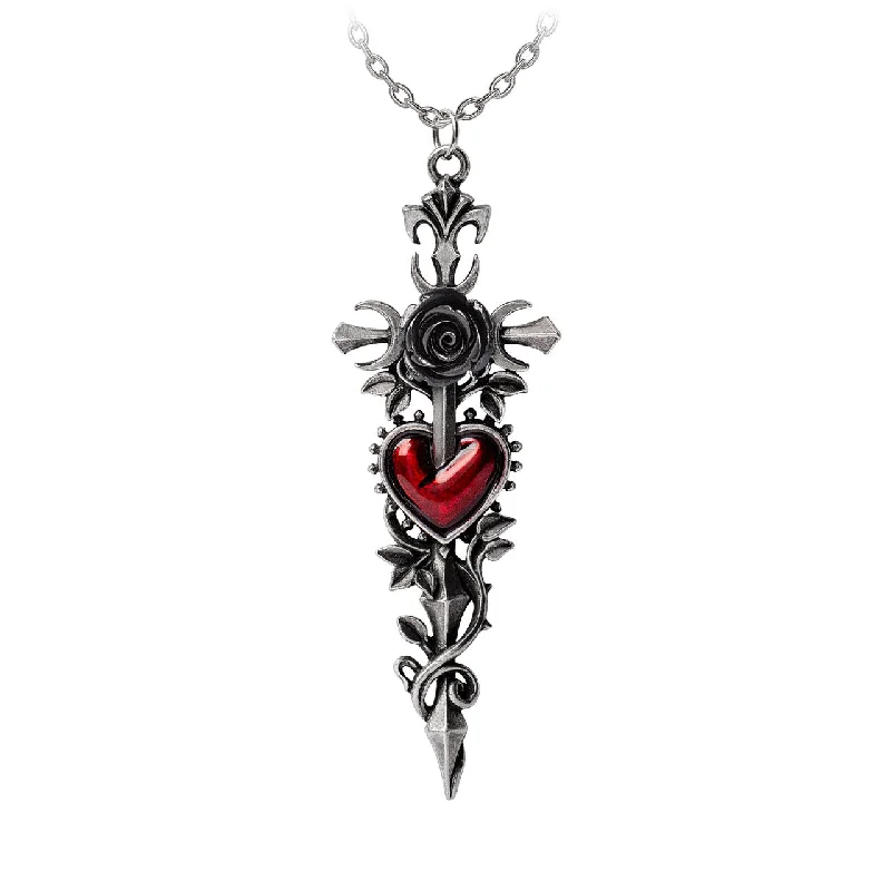 women elegant necklaces -Cross of the Dark Kiss Black Rose Red Heart Necklace by Alchemy Gothic