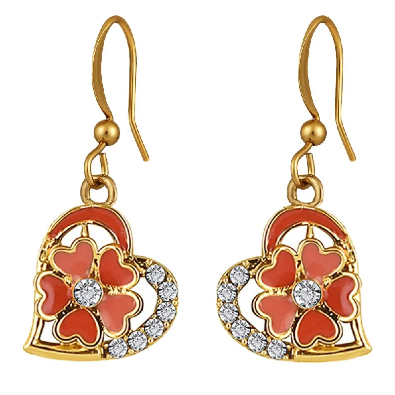 women pearl drop earrings -Mahi Gold Plated Orange Meenakari Work and Crystals Floral Heart Earrings for Women (ER1109858GOrg)