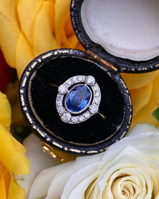 women halo diamond rings -Victorian Sapphire and Diamond Cluster Ring Platinum 0.35ct + 1.15ct