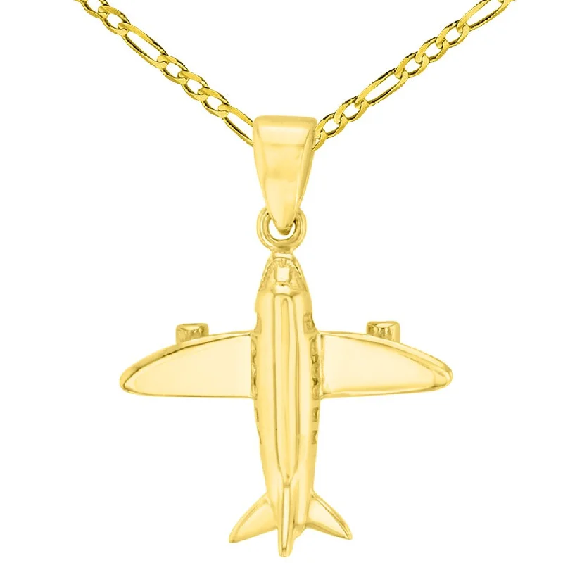 women geometric necklaces -14K Solid Yellow Gold 3D Airplane Charm Jet Aircraft Pendant with Figaro Chain Necklace