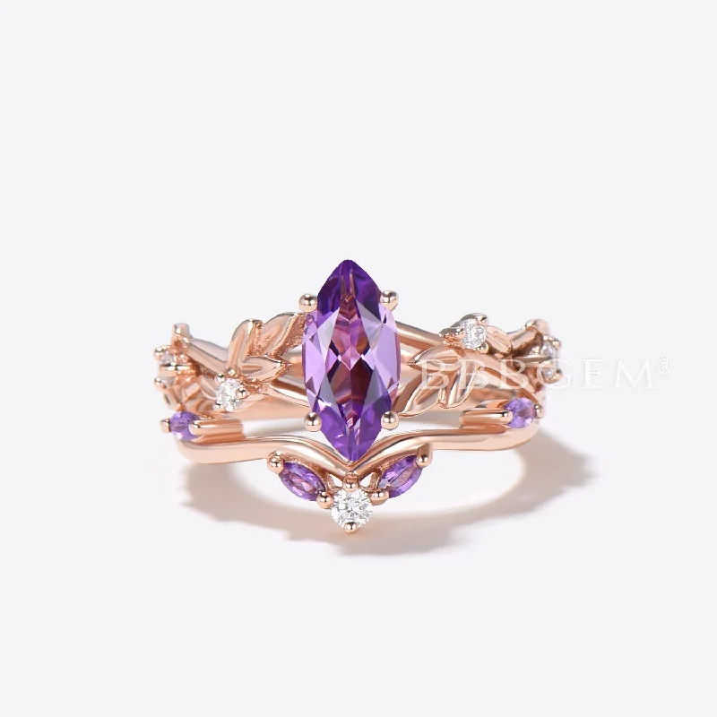 women sapphire engagement rings -Nature Inspired Marquise Amethyst Engagement Ring Leaf Vine Ring