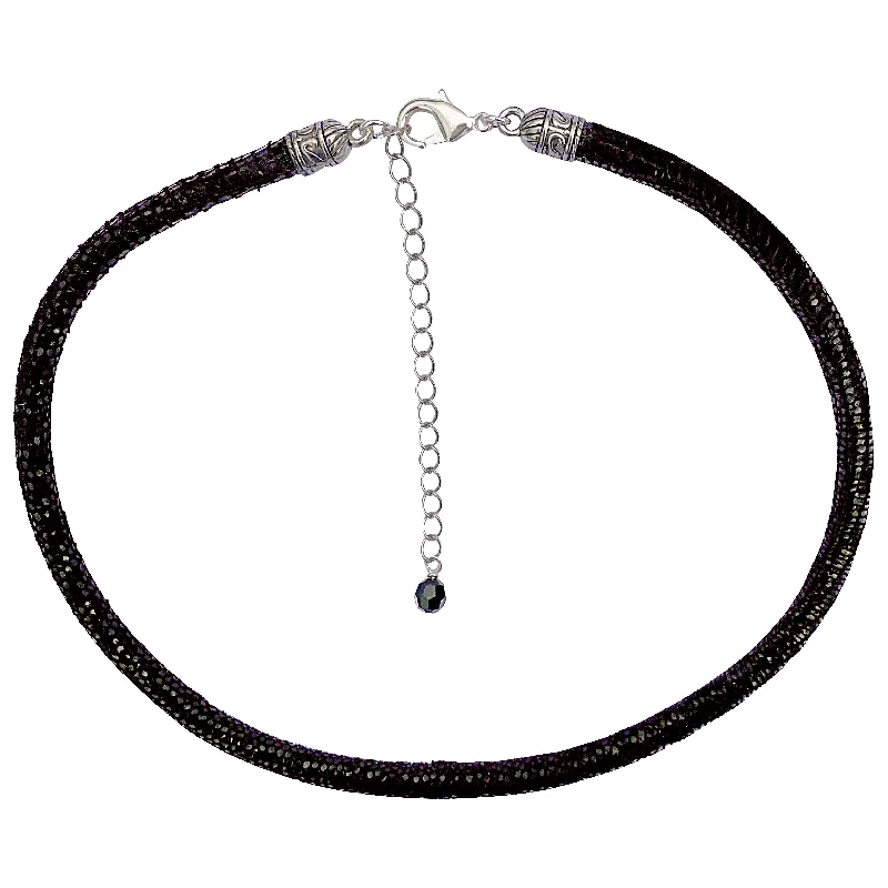 women crystal necklaces -Black Leather Sparkly Snakeskin Choker Necklace with Silver Extender Chain & Swarovski Crystal