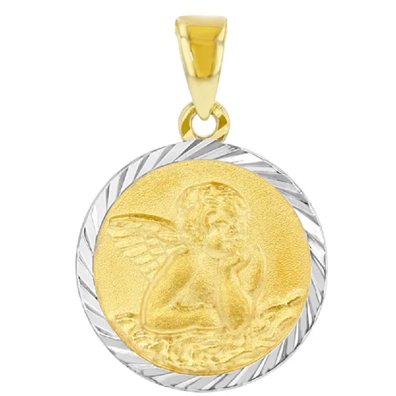 women designer necklaces -Solid 14k Yellow Gold Round Guardian Angel Medallion Charm Pendant