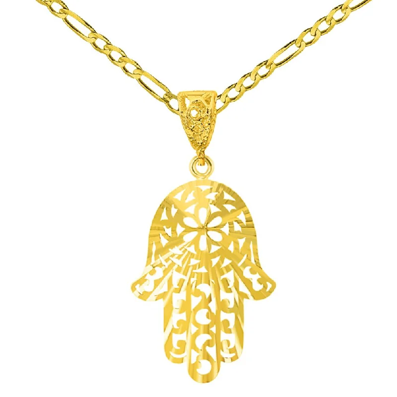 women pearl necklaces -Solid 14K Gold Textured Filigree Hamsa Hand of Fatima Pendant Necklace - Yellow Gold