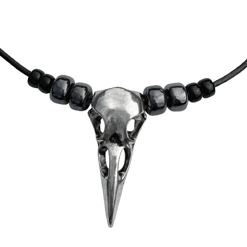 women stylish necklaces -Large Silver Raven Skull Pendant on Beaded Black Leather Cord Necklace - 16" to 19"