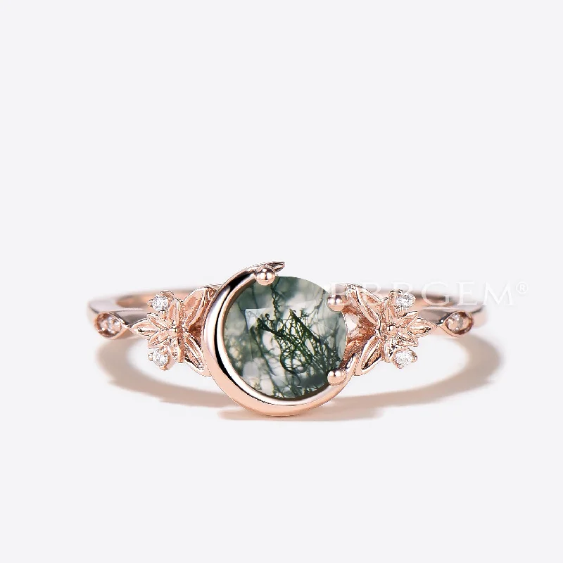 women halo engagement rings -Celestial Moon Round Cut Genuine Moss Agate Diamond Ring