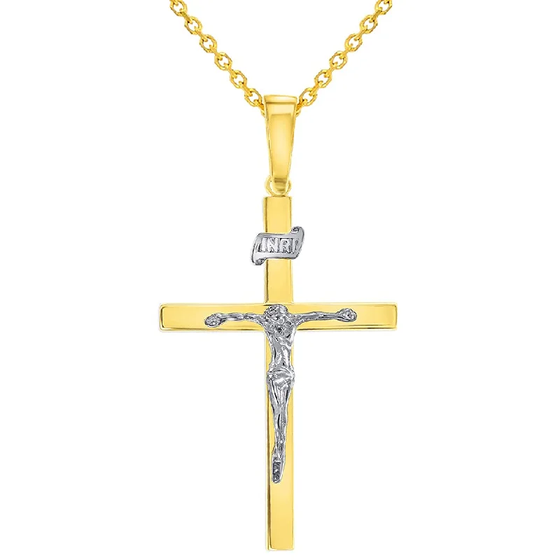 women spiral necklaces -14k Two-Tone Gold 3D INRI Catholic Christian Crucifix Cross Pendant Necklace