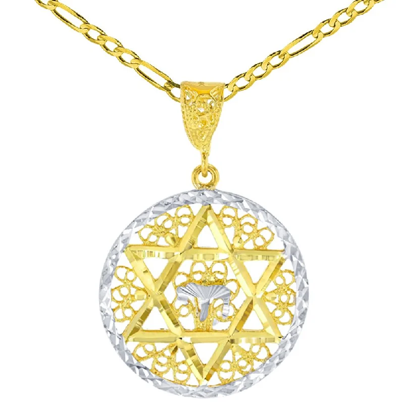 women boho necklaces -Solid 14K Gold Round Filigree Star of David with Chai Symbol Pendant Figaro Chain Necklace - Yellow Gold