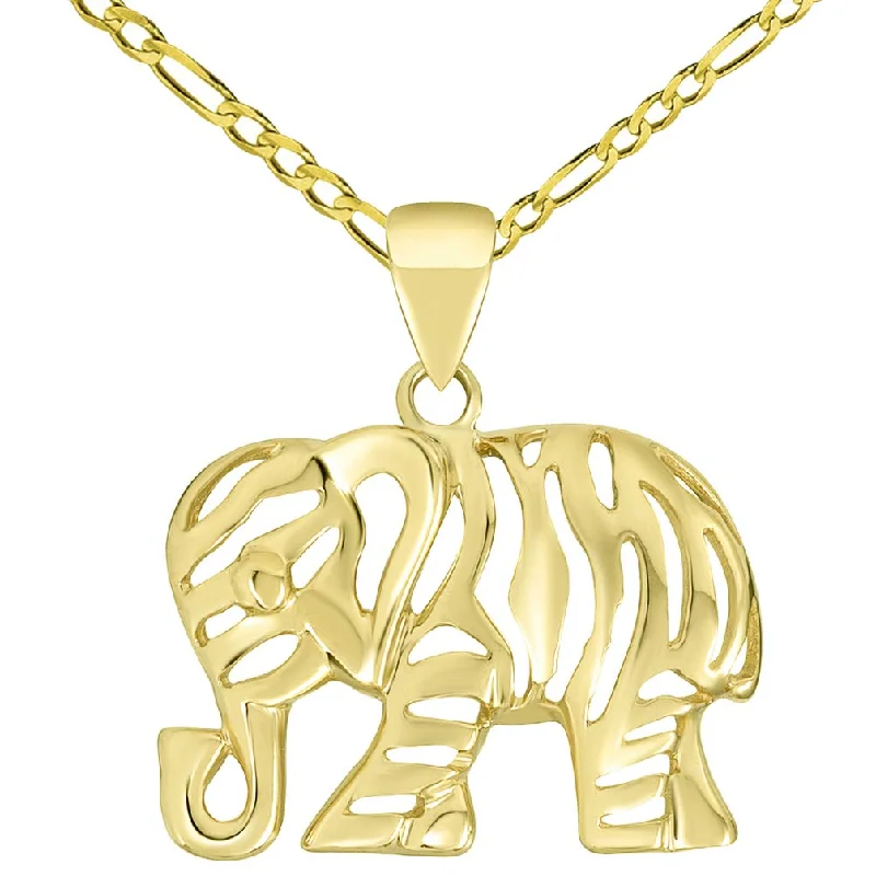 women bridal necklaces -Polished 14K Gold Elegant Elephant Charm Animal Pendant with Figaro Chain Necklace - Yellow Gold