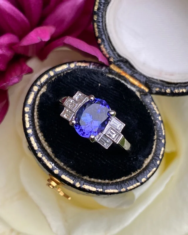 women fashion rings -Art Deco Tanzanite and Diamond Platinum Ring 0.30ct + 1.70ct