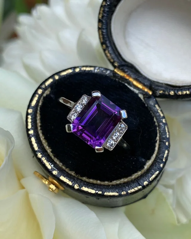 women gold rings -Art Deco Amethyst and Diamond Platinum Ring 0.12ct + 2.30ct