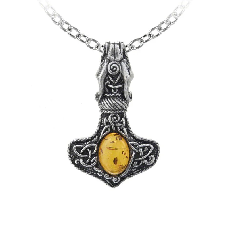 women unique charm necklaces -Amber Dragon Thorhammer Viking Pendant Celtic Necklace by Alchemy Gothic