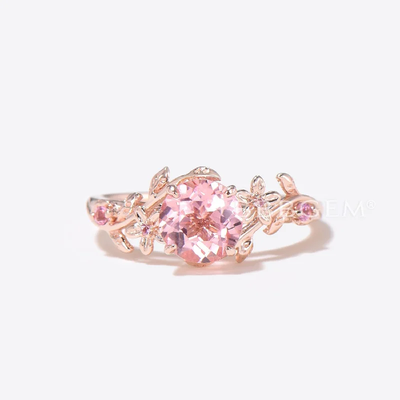 women trendy engagement rings -Round Padparadscha Sapphire Ring Pink Sapphire Floral Engagement Ring