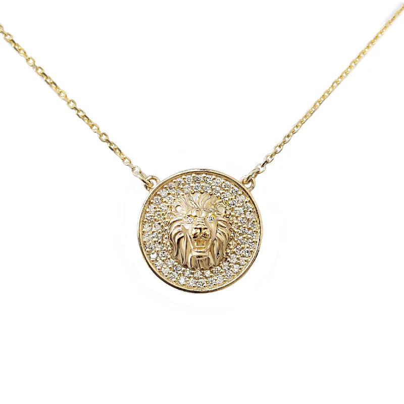 women wedding day necklaces -Lion Zodiac Symbol Diamond Pave Coin Pendant Necklace - "Lion in Zion"