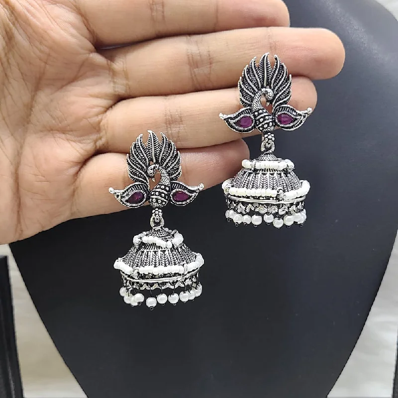 women delicate earrings -FS Collection Oxidised Plated Pota Stone And Pearls Jhumki