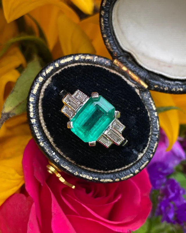 women luxury rings -Art Deco Emerald and Diamond Platinum Ring 0.25ct + 2.28ct