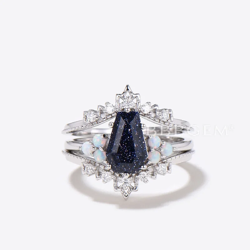 women vintage-style engagement rings -3pcs Coffin Blue Sandstone Engagement Ring Silver Galaxy Nebula Ring