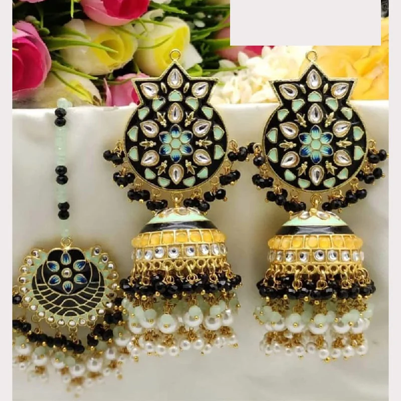 women gemstone earrings -Akruti Collection Gold Plated Kundan Stone And Pearls Meenakari Earrings With Maangtikka