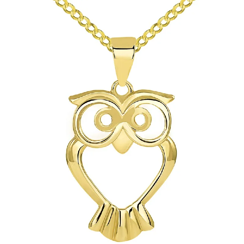 women teardrop necklaces -Solid 14K Gold Open Big Eyes Owl Animal Pendant with Cuban Chain Necklace - Yellow Gold