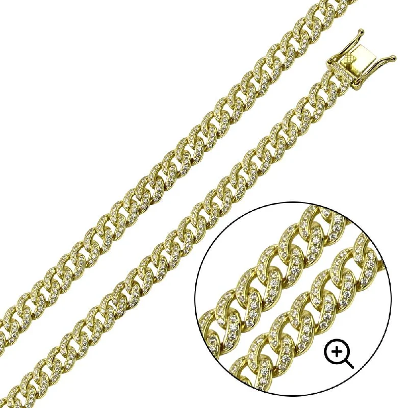 women handmade bracelets -Gold Plated 925 Sterling Silver CZ Encrusted Curb Chain or Bracelet 8.9mm - CHCZ105 GP