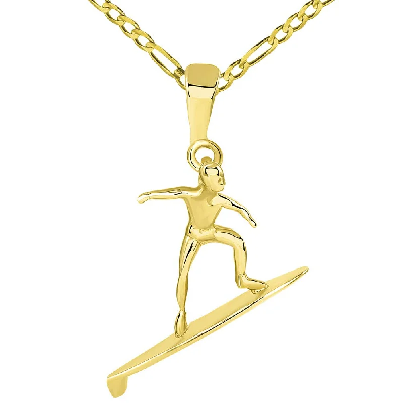 women luxury necklaces -Solid 14k Yellow Gold Surfer Surfing on Surfboard Pendant Figaro Necklace