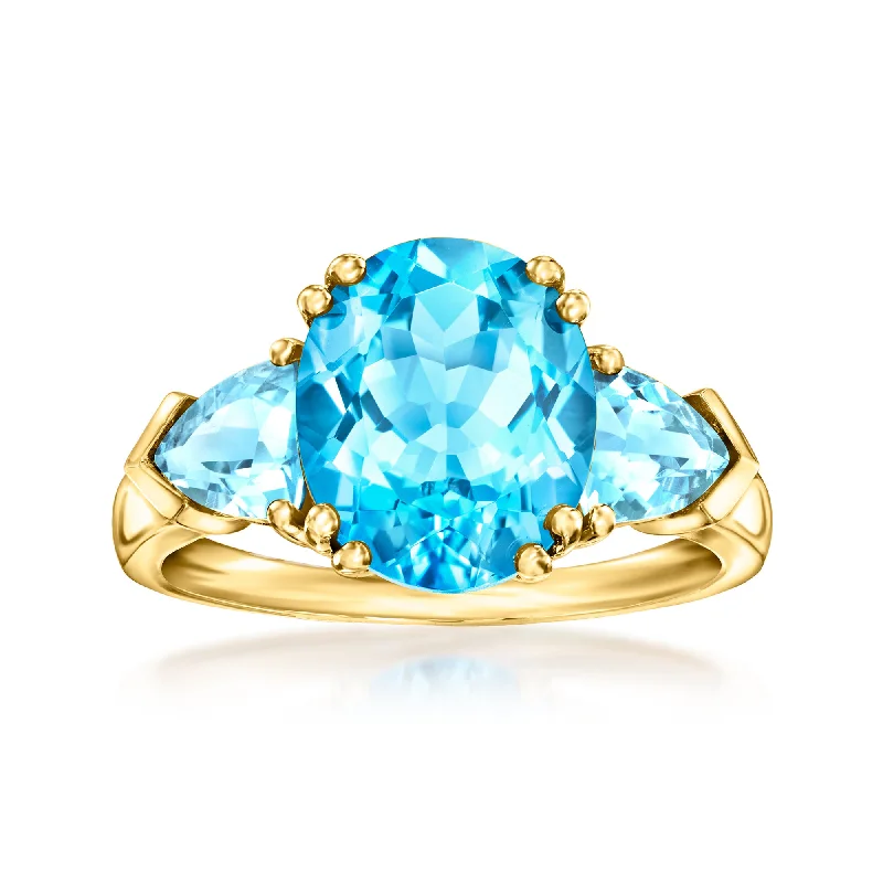 women blue sapphire engagement rings -Ross-Simons Swiss Blue Topaz 3-Stone Ring in 14kt Yellow Gold