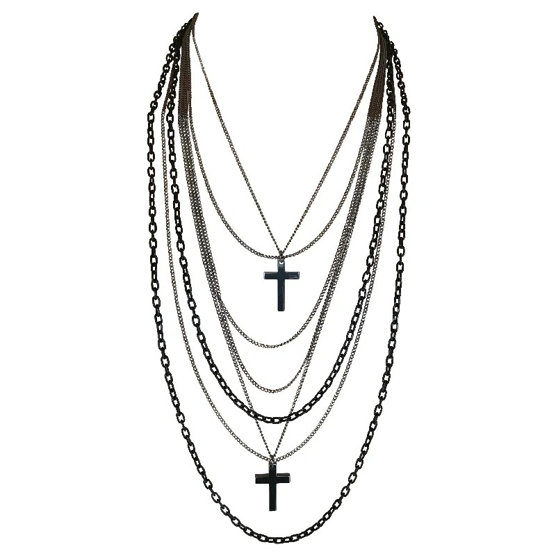 women matching necklaces -Deluxe Gothic 80's Madonna Retro Multilayer Gunmetal Crosses Long Multi Strand Black Chain Necklace