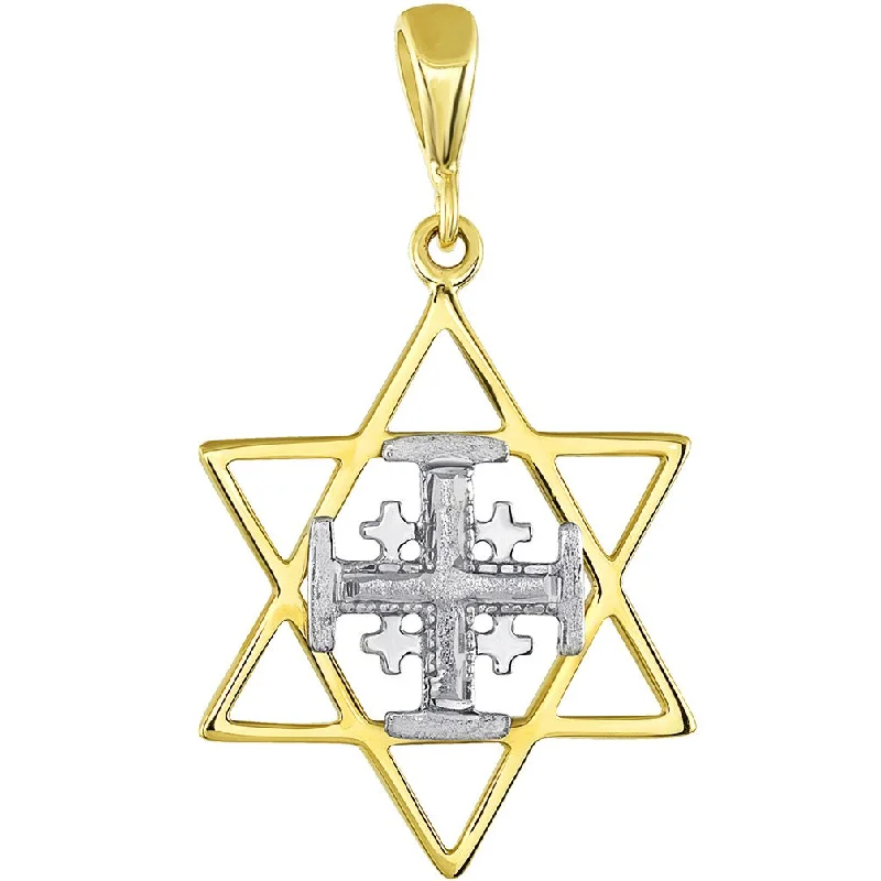 women vintage necklaces -Solid 14K Gold Star of David and Jerusalem Cross Pendant - Two-Tone Gold