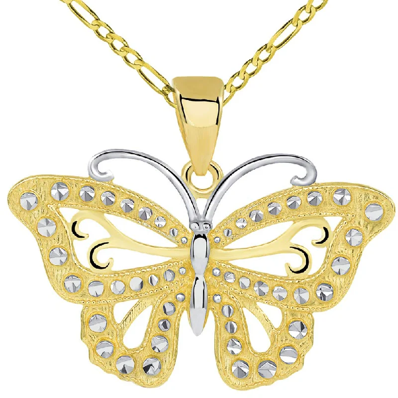 women vintage necklaces -14k Solid Gold Budded Butterfly Pendant with Figaro Necklace - Yellow Gold