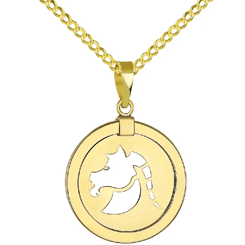 women long necklaces -14K Gold Reversible Round Capricorn Goat Zodiac Sign Pendant with Cuban Chain Necklace - Yellow Gold