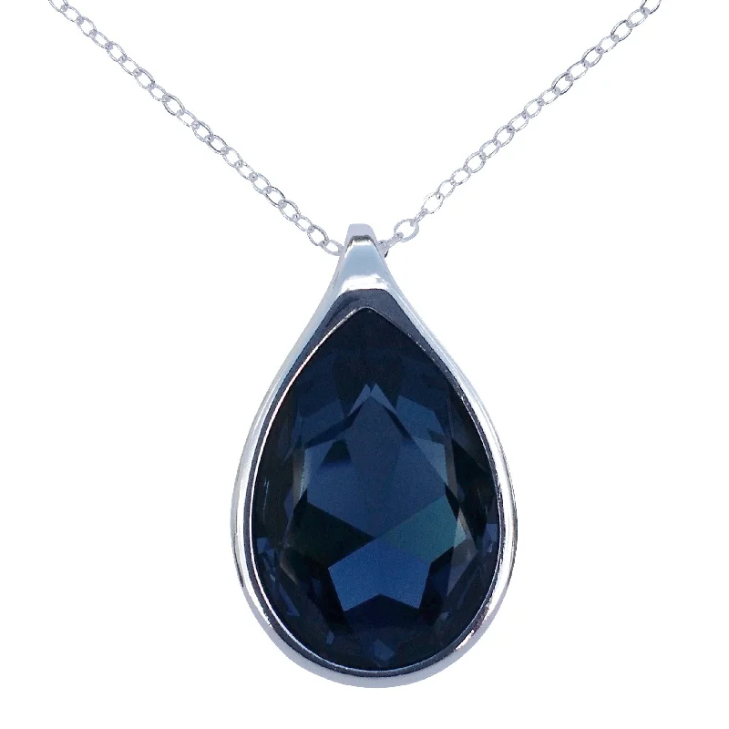 women ruby necklaces -Sapphire Blue Swarovski Crystal Pear/Teardrop Pendant on 18" 2mm Silver-Plated Necklace