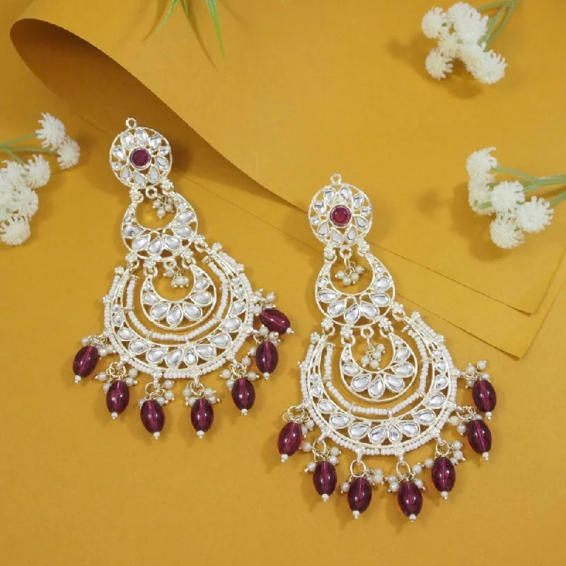 women diamond earrings -Etnico Gold Plated Traditional Kundan & Pearl Chandbali Earrings For Women (E3093Wi)