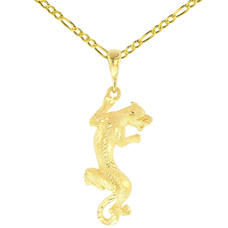 women gold chain necklaces -14K Gold Textured Vertical Panther Charm Animal Pendant with Figaro Chain Necklace - Yellow Gold