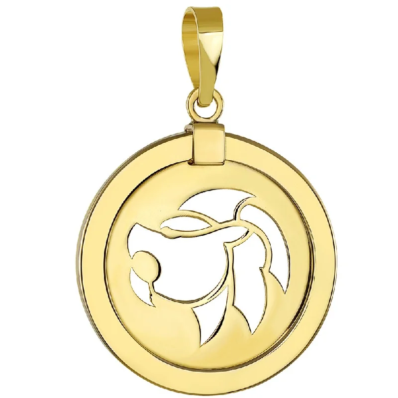 women ruby necklaces -14K Gold Reversible Round Lion Leo Zodiac Sign Pendant - Yellow Gold