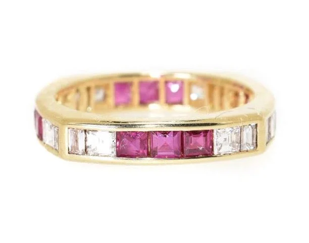 women platinum rings -18kt Yellow Gold Ruby & Diamond Square Eternity Ring