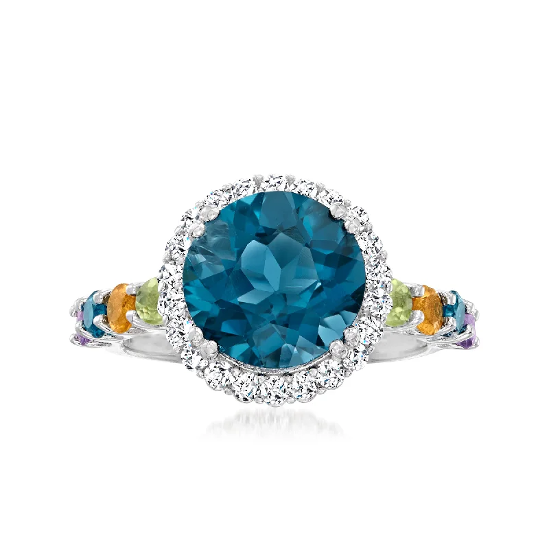 women vintage-style engagement rings -Ross-Simons London Blue Topaz and Multi-Gem Halo Ring in Sterling Silver