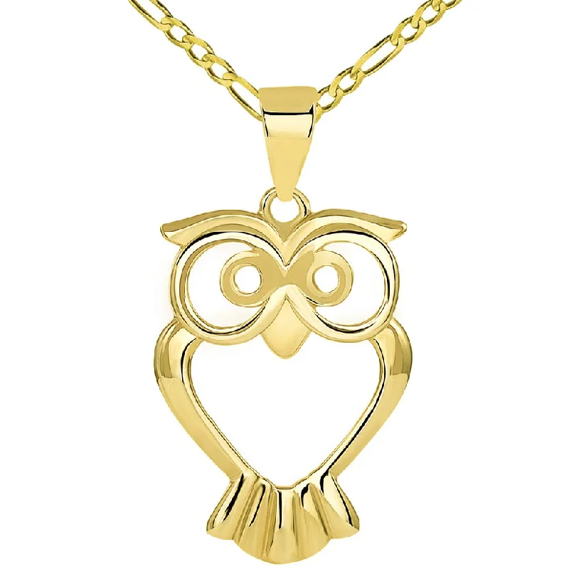 women charm necklaces -Solid 14K Gold Open Big Eyes Owl Animal Pendant with Figaro Chain Necklace - Yellow Gold