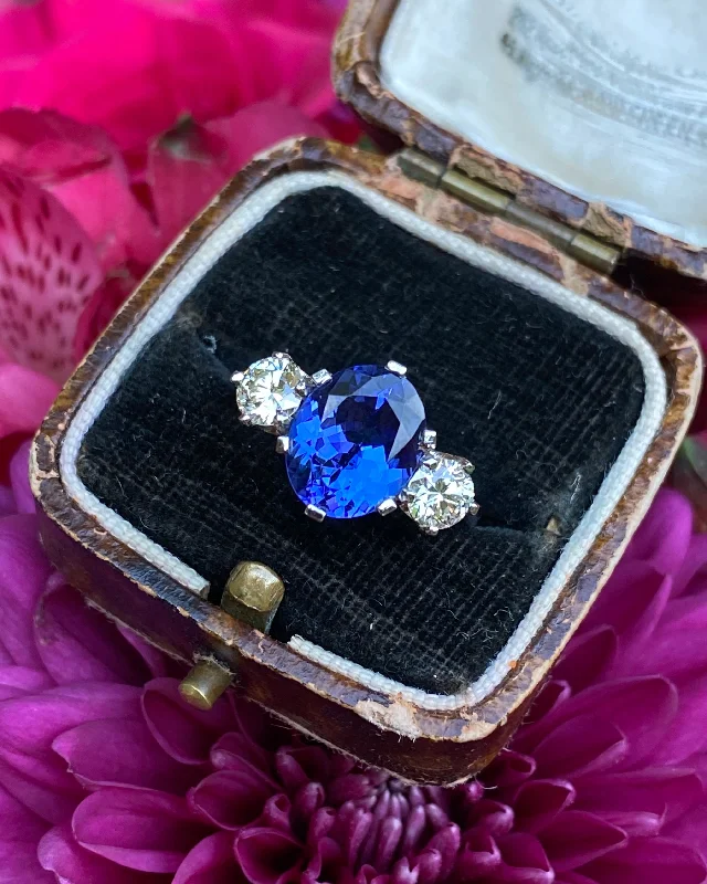 women antique rings -Tanzanite and Diamond Three Stone Platinum Ring 0.68ct Diamond + 2.74ct