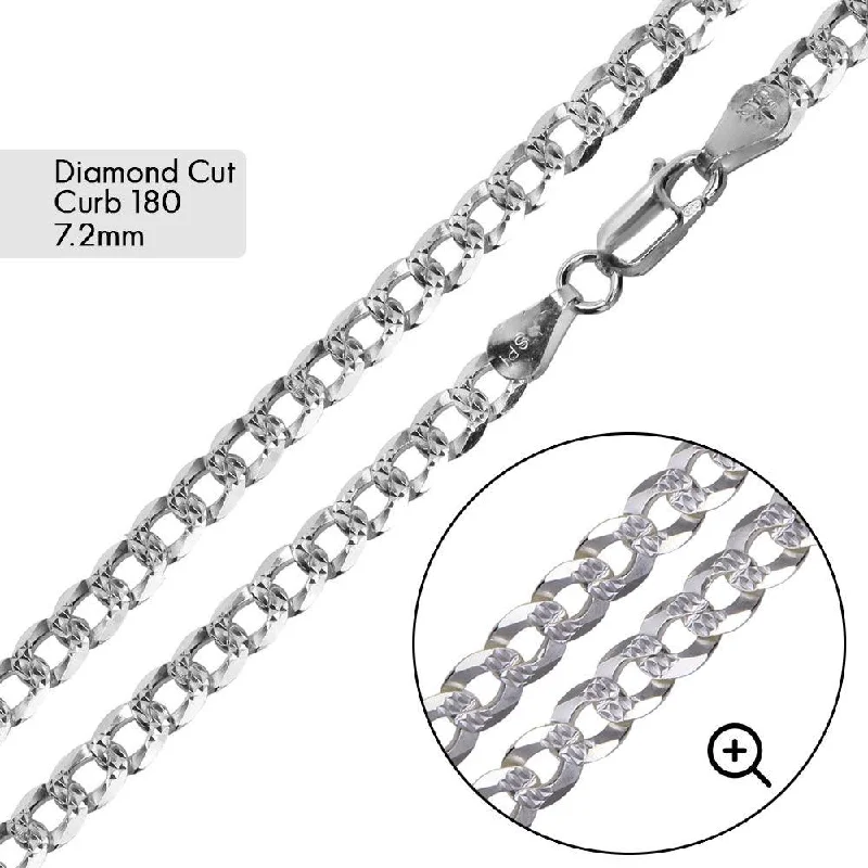 women thin bracelets -Curb 180 1 Side Diamond Cut 1 Side Plain Bracelet and Chain 7.2mm - CH630