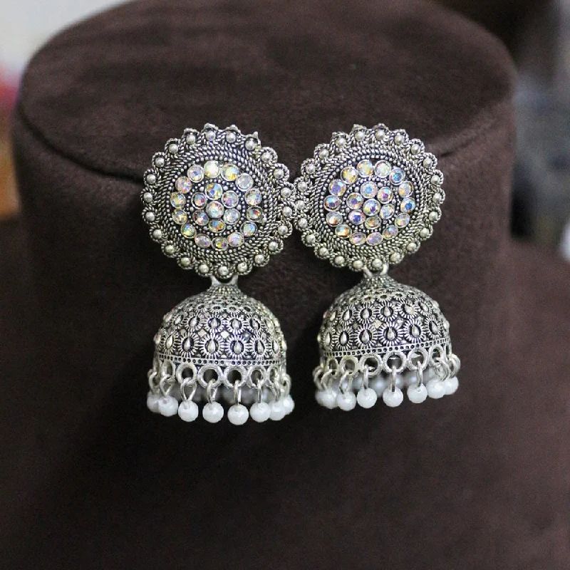 women silver drop earrings -H K Fashion Oxidised Plated Crystal  Stone And Pearls Jhumki Earrings