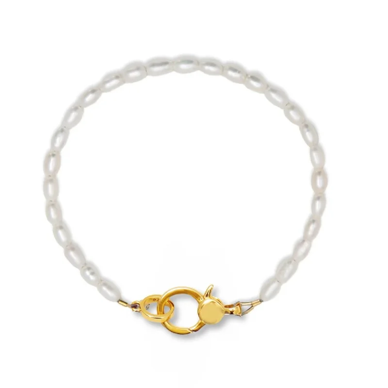 women stacking bracelets -Tiny Pearl Charm Holder Bracelet, Gold Vermeil