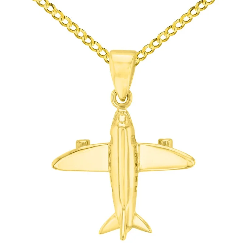 women delicate necklaces -Solid 14K Yellow Gold 3D Airplane Charm Jet Aircraft Pendant with Cuban Chain Necklace - Yellow Gold