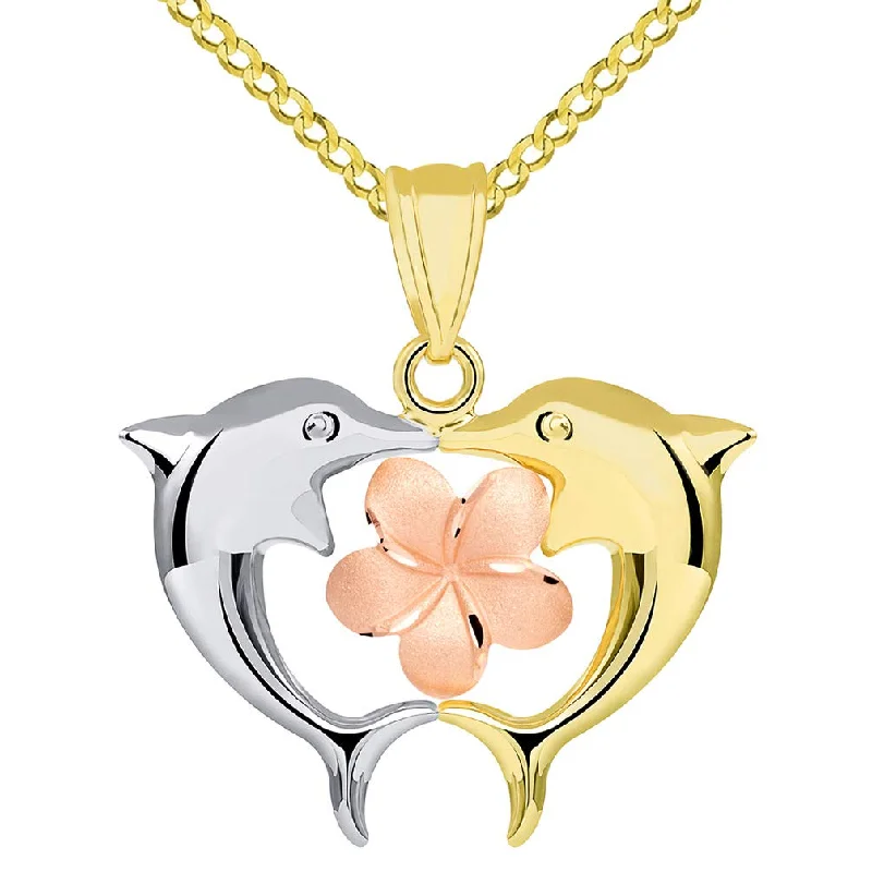 women silver necklaces -14k Gold High Polish Kissing Dolphins with Hawaiian Plumeria Flower Pendant Cuban Necklace - Tri-Color Gold