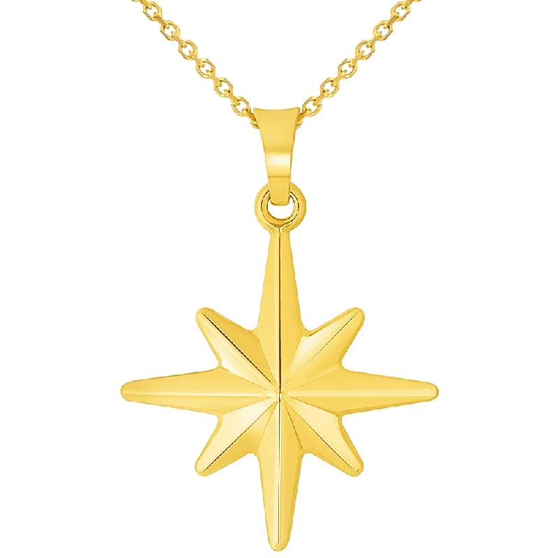 women silver chain necklaces -14k Yellow Gold 3D 8 Pointed North Star Pendant with Rolo Cable, Curb Cuban, or Figaro Chain Necklace