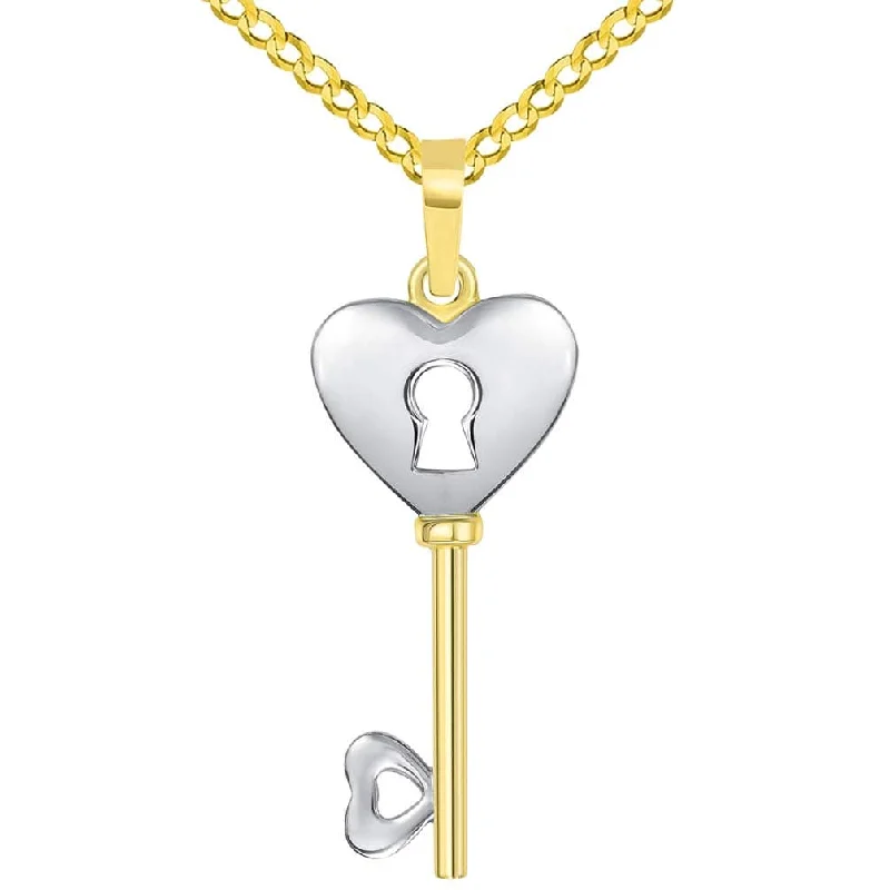 women diamond necklaces -14k Yellow Gold 3D Two Tone Heart Shaped Love Key Pendant with Cuban Curb Chain Necklace