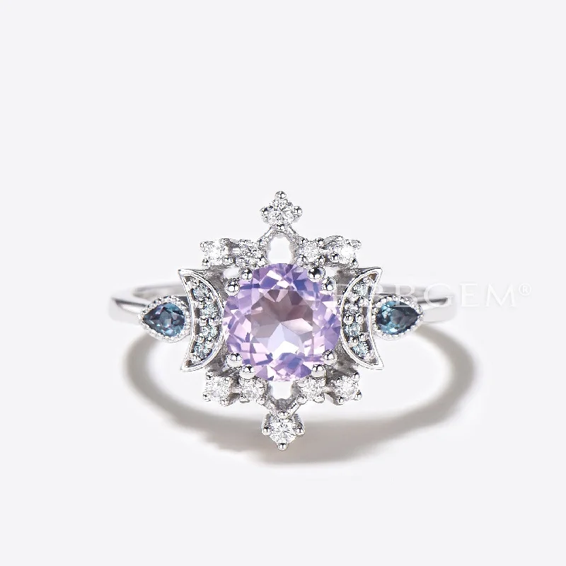 women classic engagement rings -7mm Natural Lavender Amethyst Wedding Ring Art Deco Alexandrite Diamond Ring